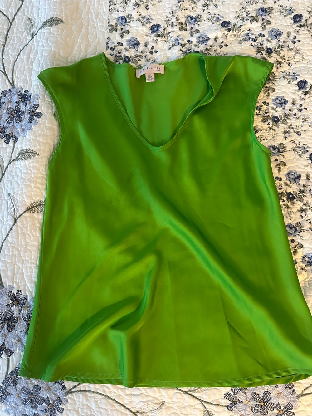 Philosophy Lime Green Silk V-Neck Sleeveless Top